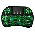 Backlit I8 mini wireless keyboard with touchpad and 2.4GHz USB receiver on a desk