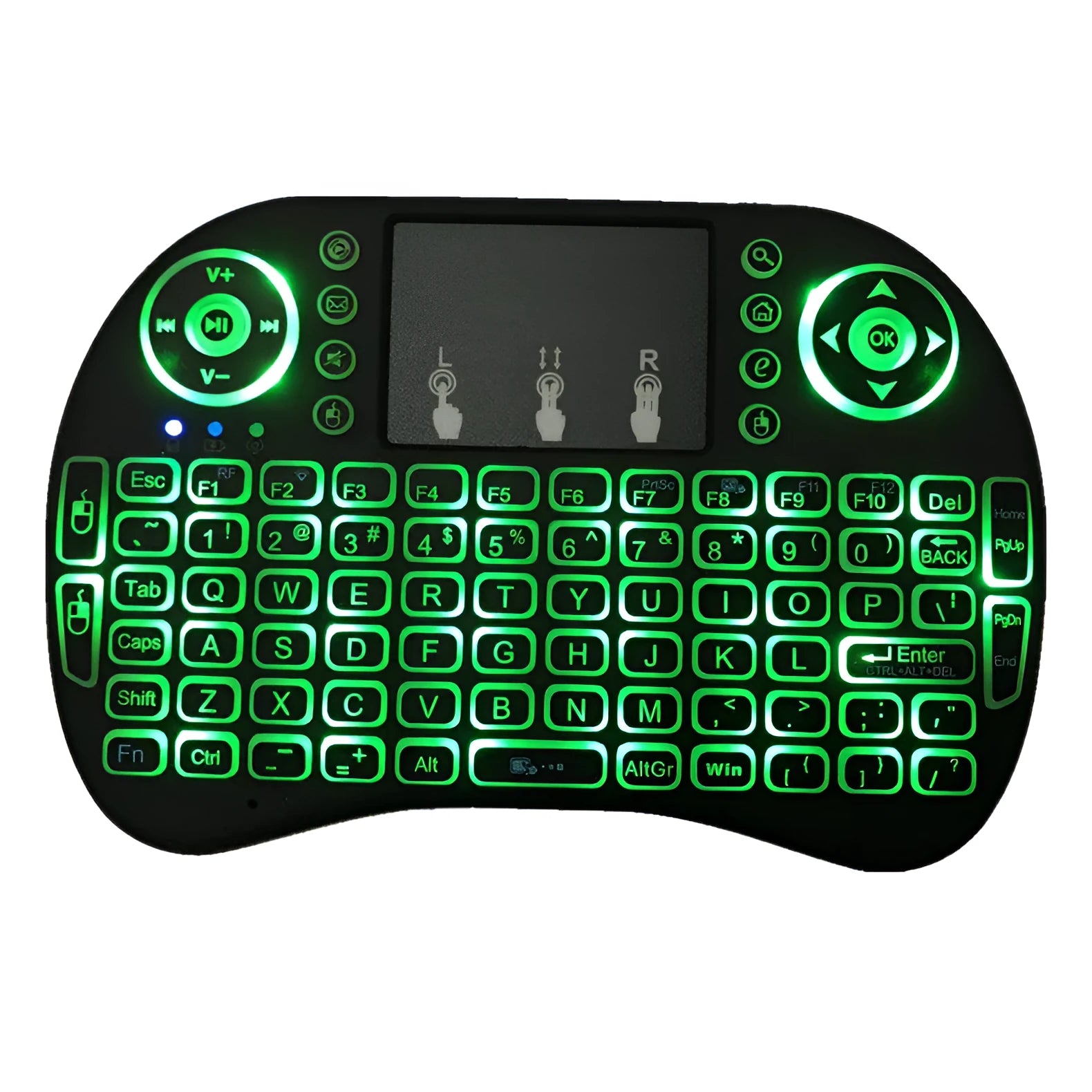 Backlit I8 mini wireless keyboard with touchpad and 2.4GHz USB receiver on a desk
