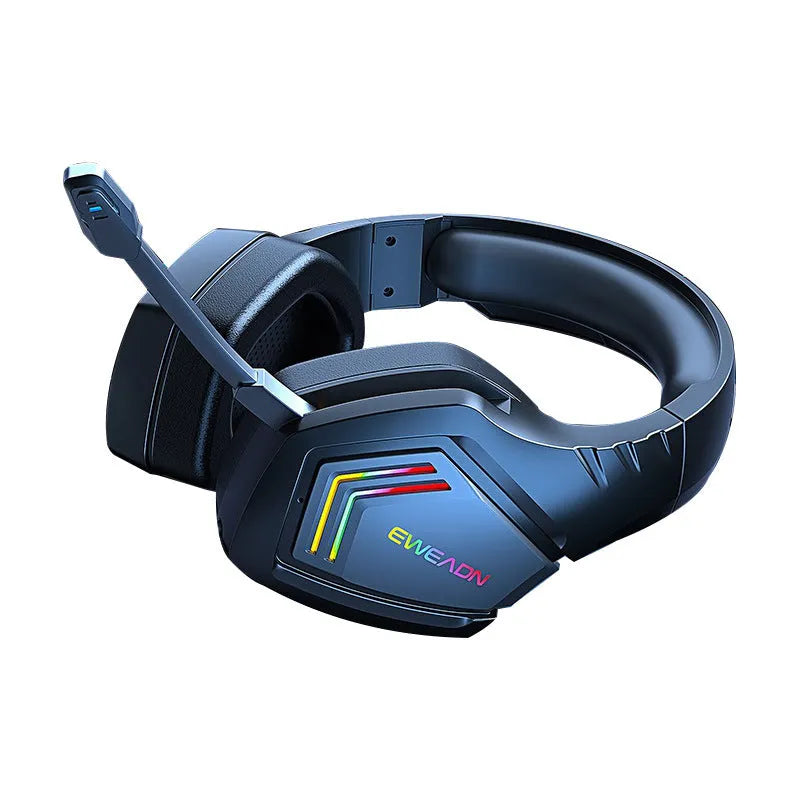 Black wireless Bluetooth headphones with RGB lighting and noise reduction technology