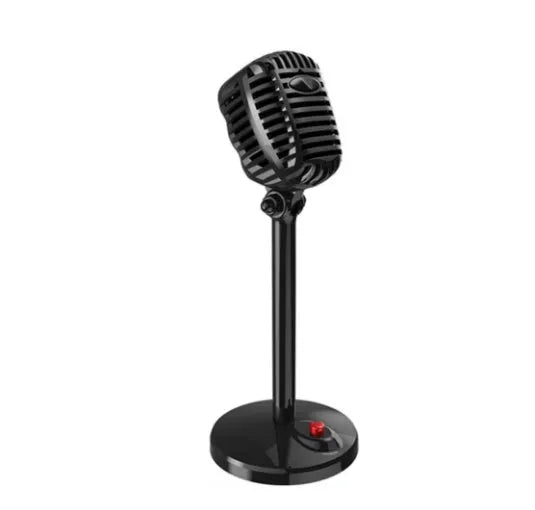 Black USB computer microphone with adjustable neck stand on desktop