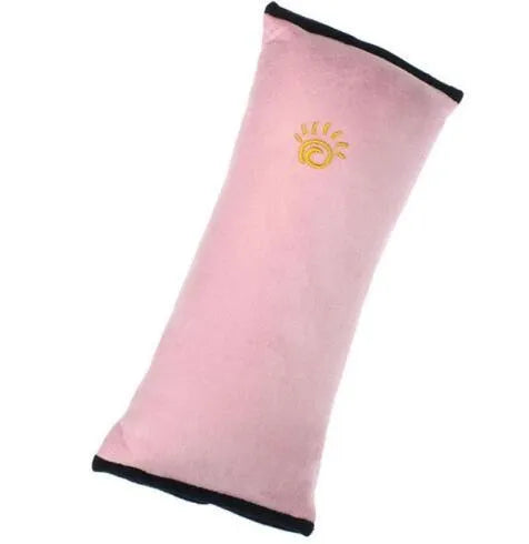 Children car pillow in microsuede fabric attached to a seatbelt, grey colour, 28.5cm by 9cm by 12cm