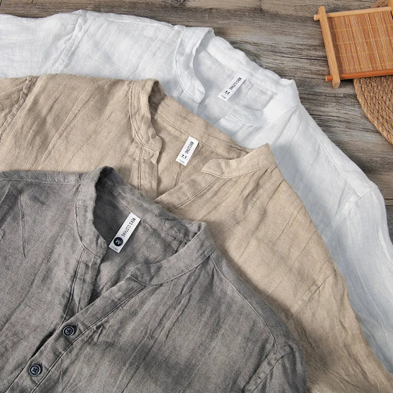 Men's linen pullover top with short sleeves in white, khaki and grey solid colours showing retro casual design