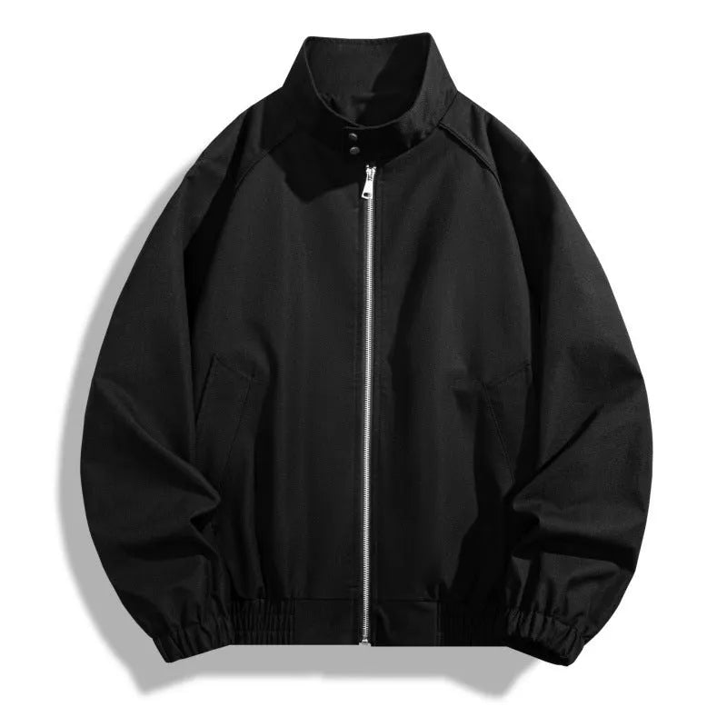 Men's loose stand collar jacket, long sleeve polyester blend casual jacket in black brown camel coffee or gray green