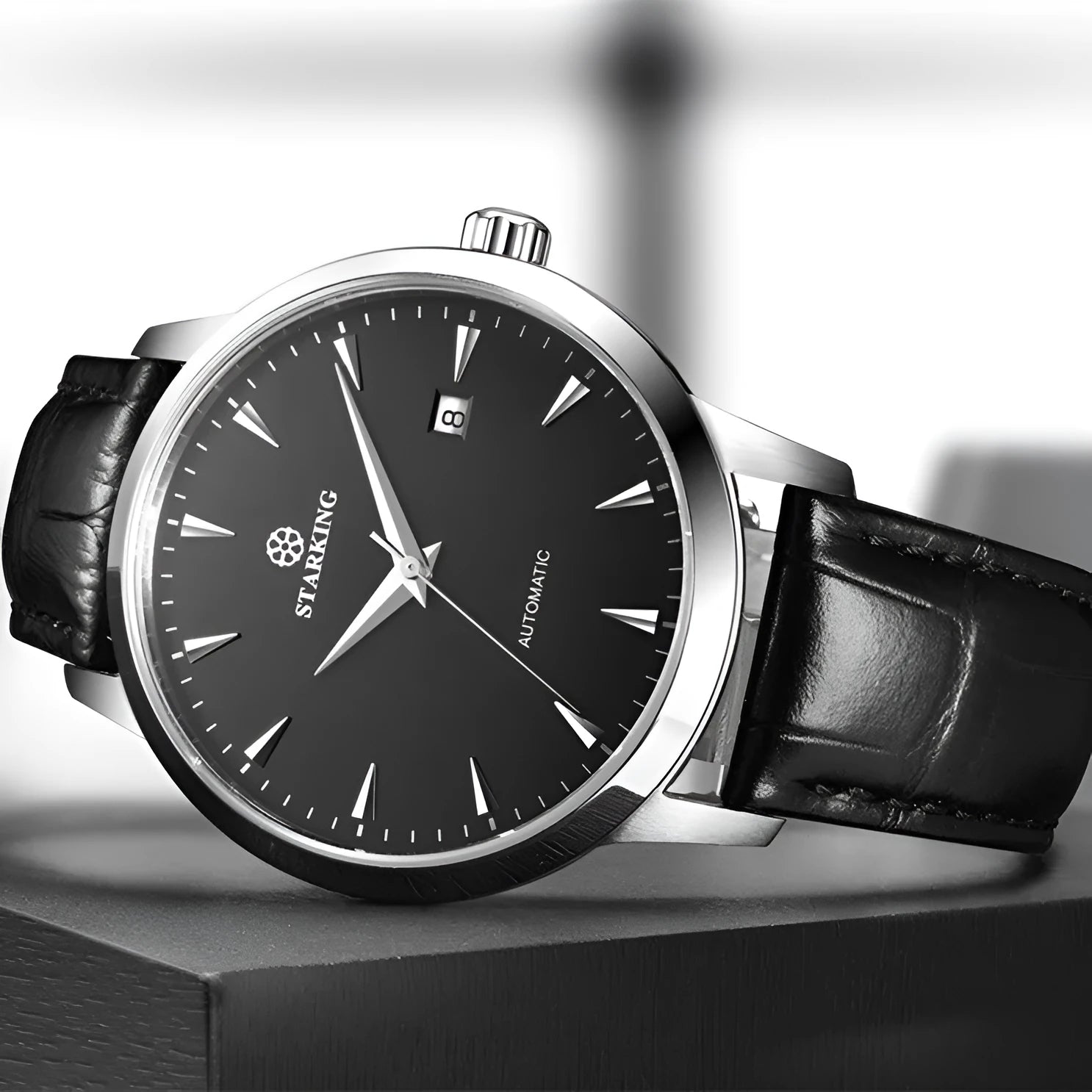 Starking Star Watch automatic men with black dial, light brown leather band, and steel case