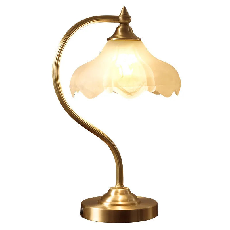 Gold copper and glass bedside lamp with fabric shade, 23cm diameter, 42cm height, on bedside table