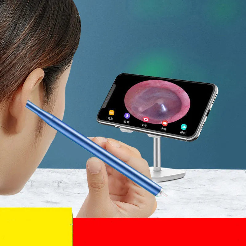 Visual ear pick for children in black, blue, or pink, with light, connecting to PC or Android phone for earwax cleaning.
