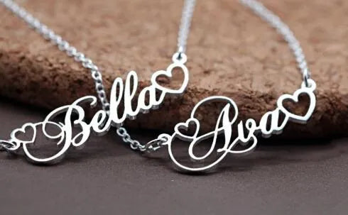 Custom women's name necklace with double empty heart pendant on 45cm stainless steel chain
