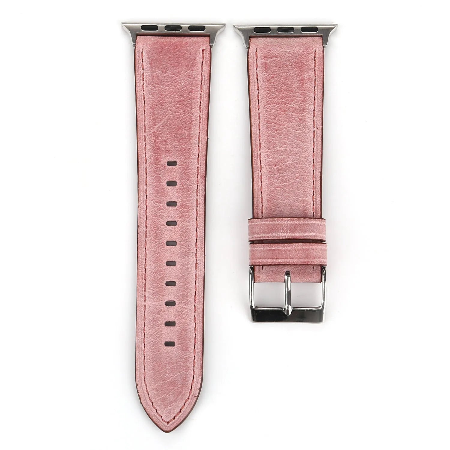 Leather watch strap with a metal folding buckle on a wooden surface.
