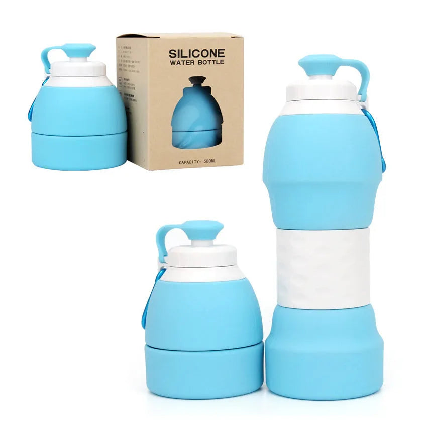 Blue silicone folding water bottle shown at full 22cm height and folded to 11cm height