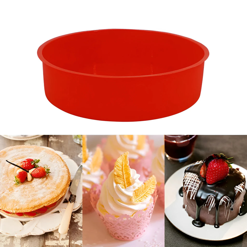 Set of three bright red round silicone cake moulds in 4-inch, 6-inch, and 8-inch sizes on a kitchen counter.