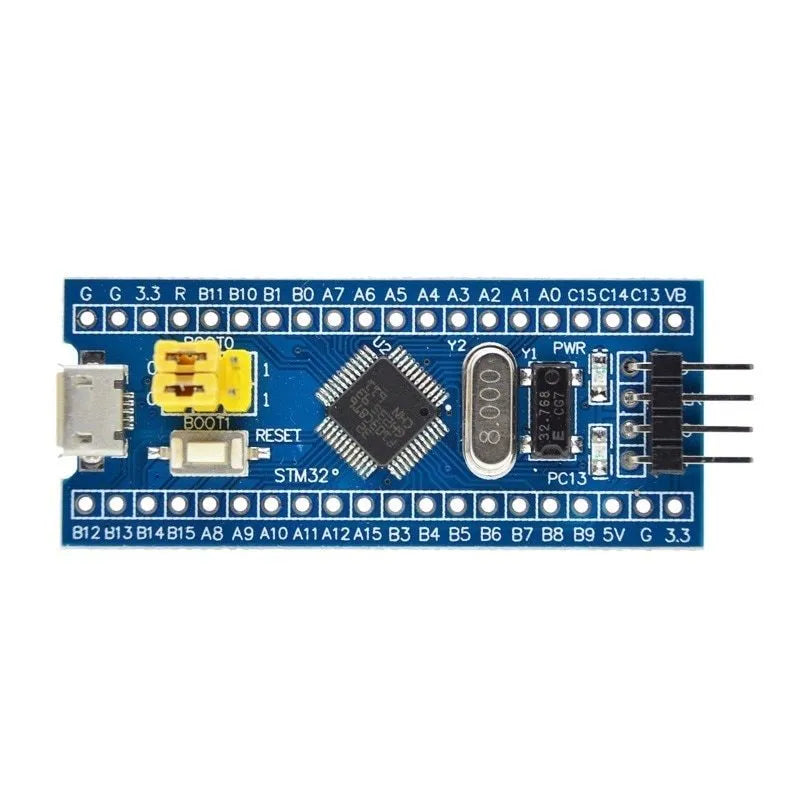 STM32F103C8T6 ARM Cortex-M3 microcontroller development board with blue PCB and pin headers.