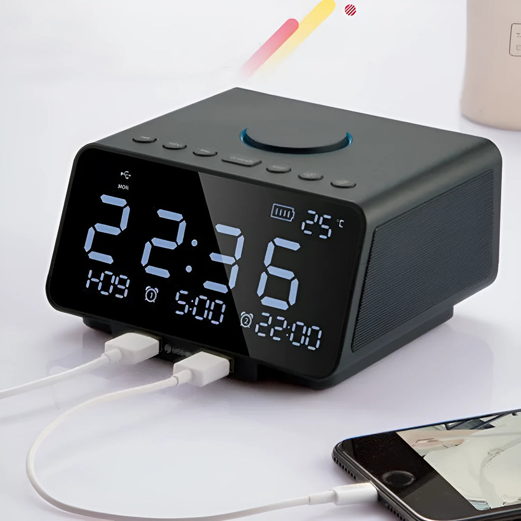 Black and white Bluetooth speaker alarm clock with dual drivers and control buttons