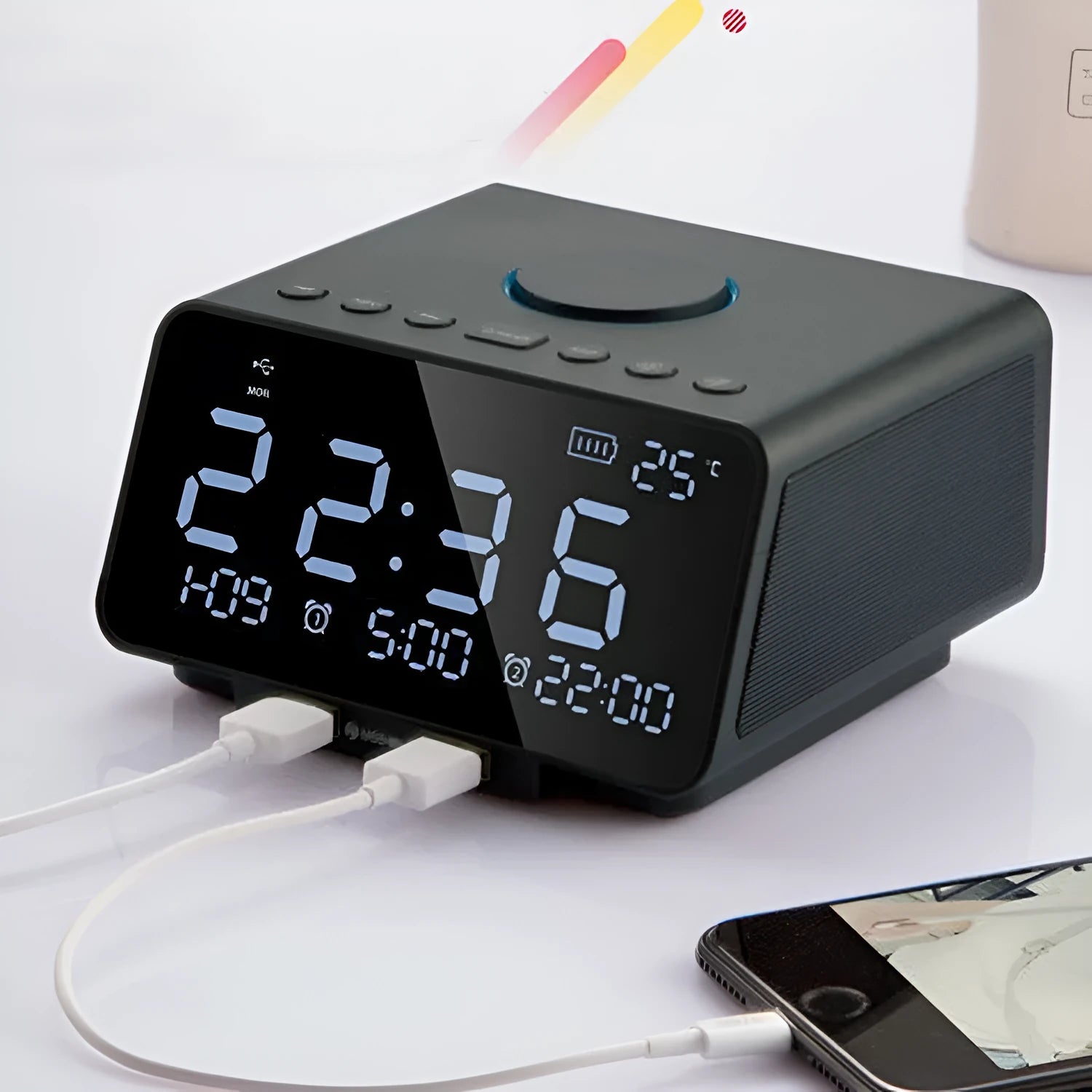 Black and white Bluetooth speaker alarm clock with dual drivers and control buttons
