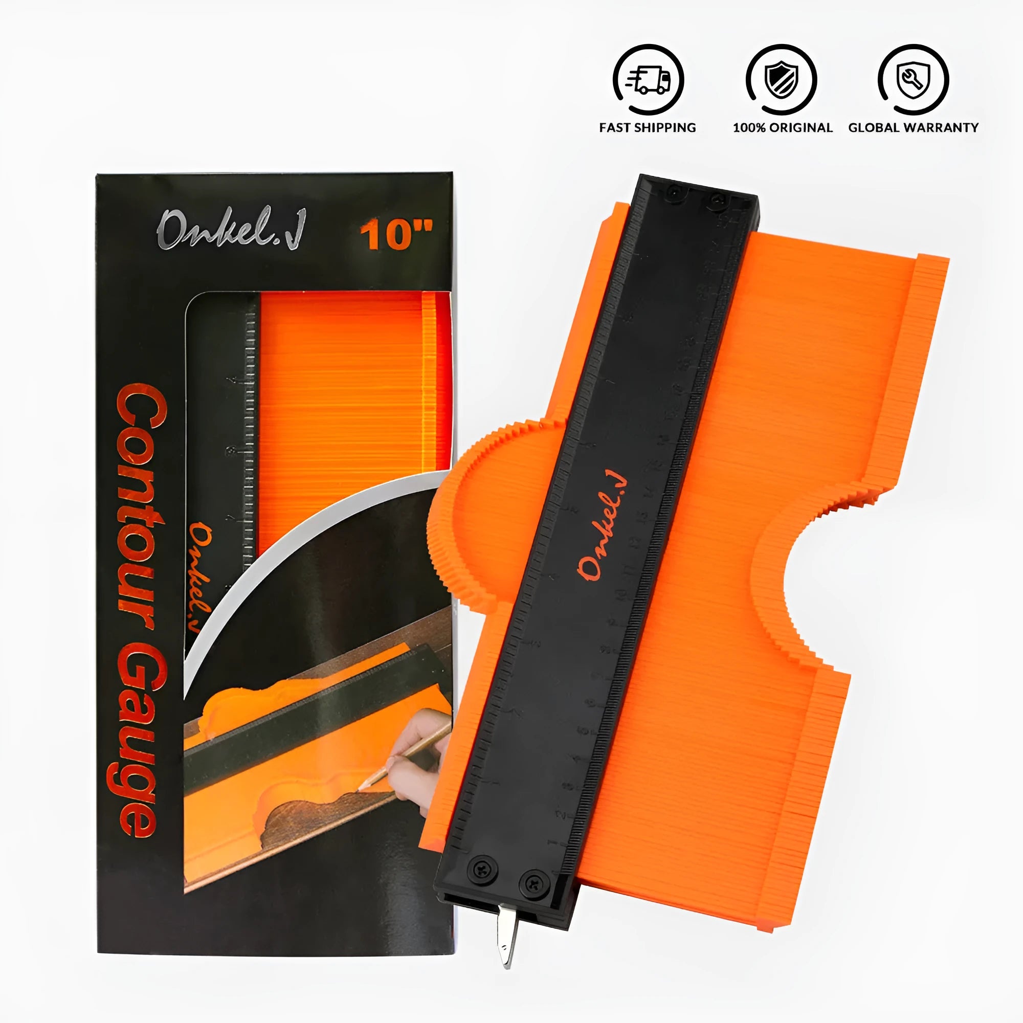 5 and 10 inch orange plastic contour gauge with teeth for copying shapes, on a tile surface