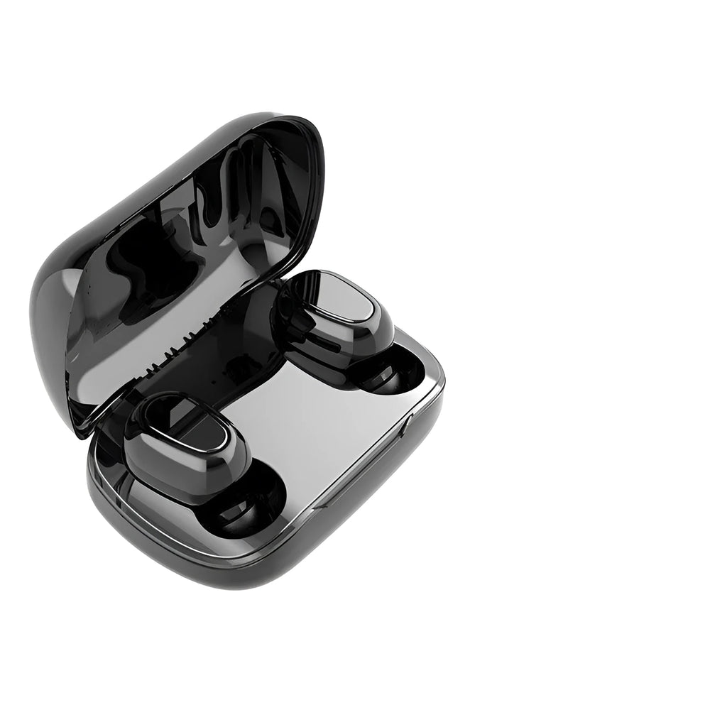 Black, pink, and white TWS Bluetooth wireless earbuds showing left and right earpieces.
