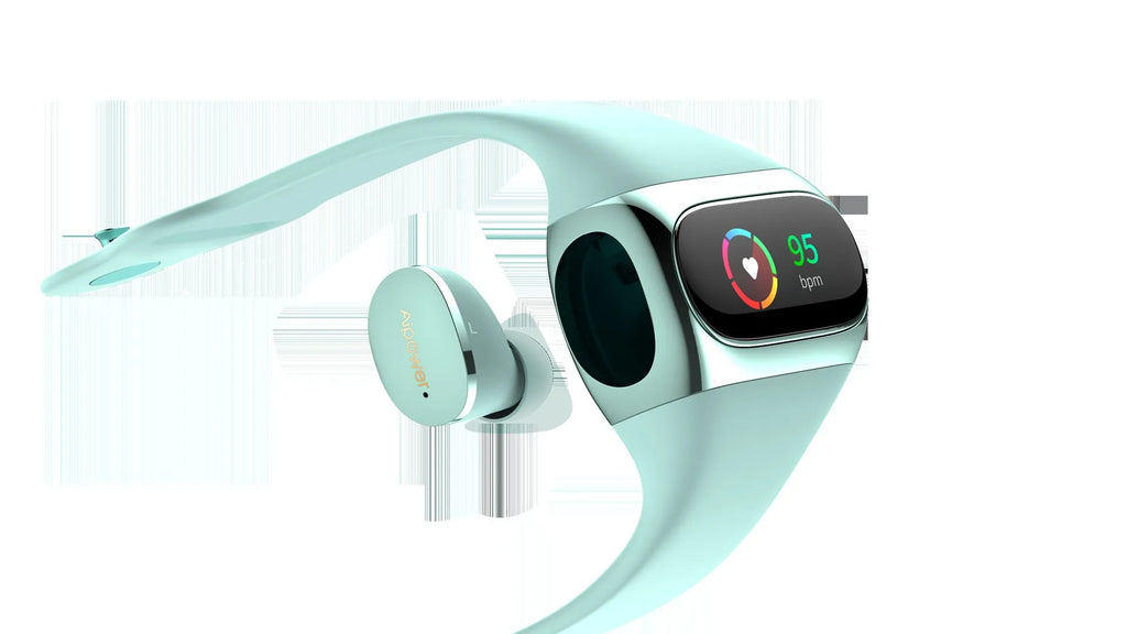 2 in 1 wireless earphone bracelet in black, silicone wristband with smart charging and fitness tracking