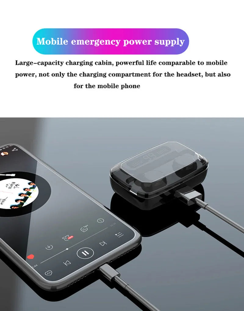 Black M11 style Bluetooth wireless headset with digital display and phone holder.