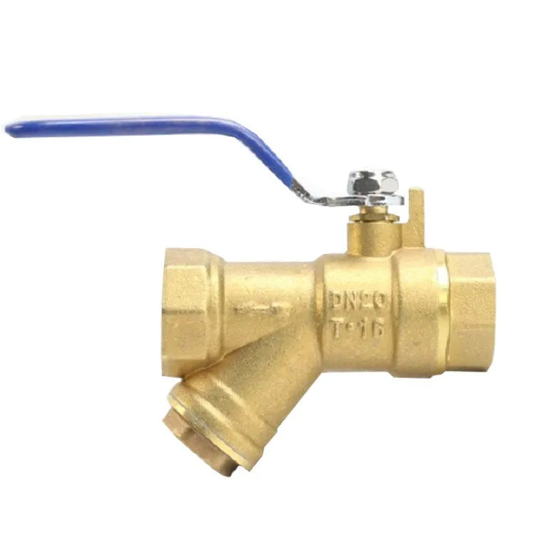 Brass Y-shaped filter ball valve with red handle and threaded ends.