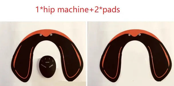 Compact EMS hip muscle training stimulator device with adhesive gel pads for buttocks and abdomen.