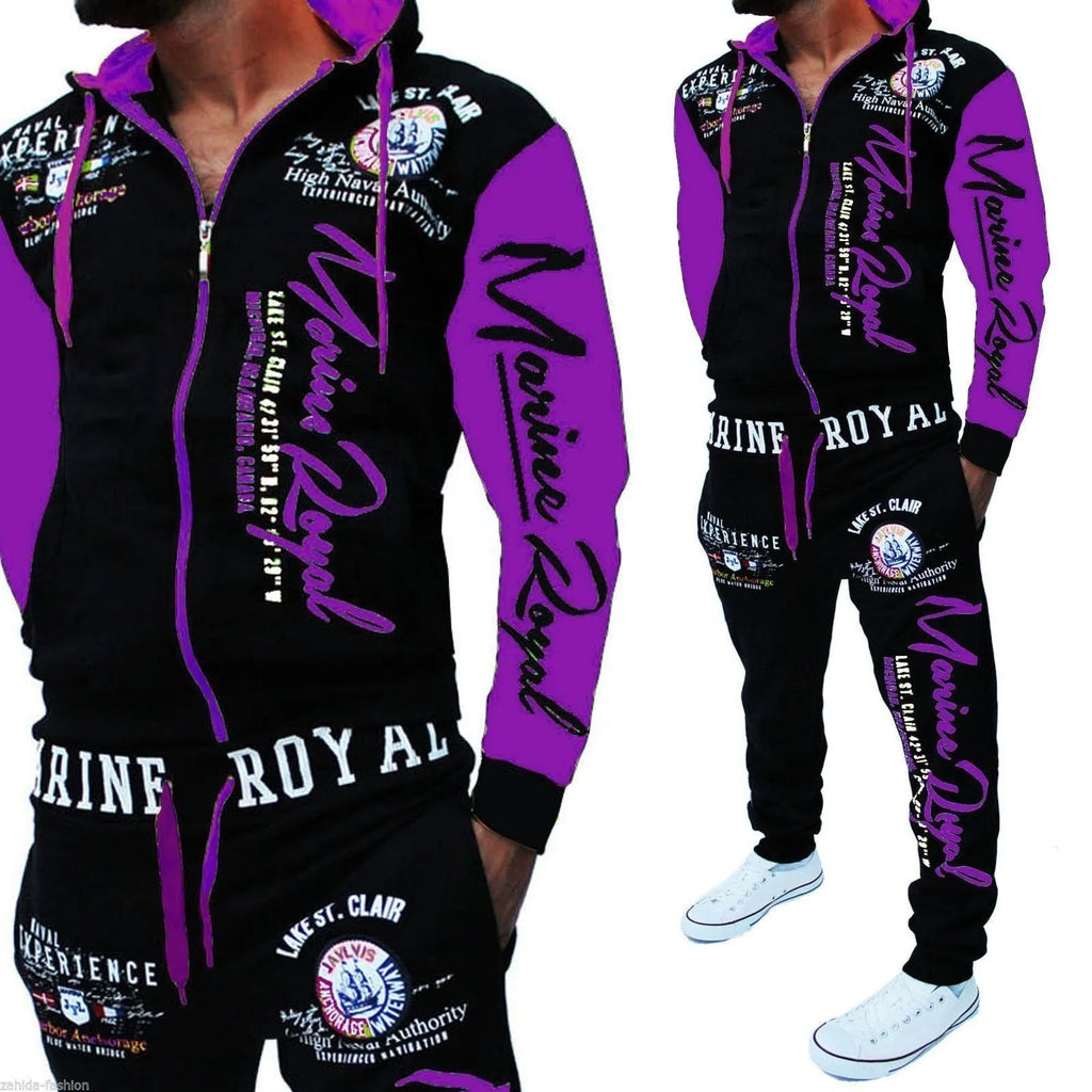 Men's tracksuit 2 piece set with polyester zip top and pants in green, grey, red, yellow, sizes S to 3XL