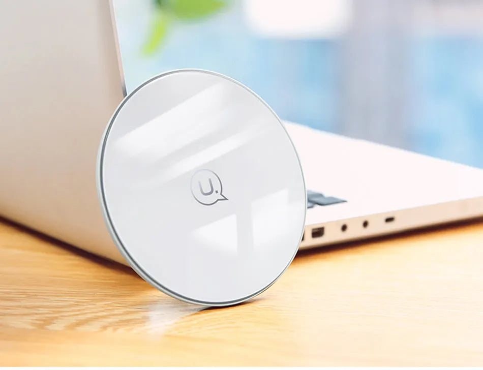 Glass disc wireless charger with LED indicator in black or white colour