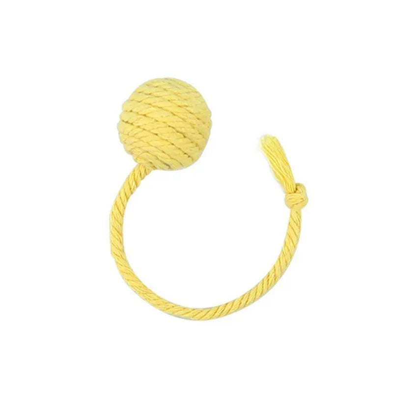 Colourful cat toy ball with rope attachment and built-in bell for interactive pet play