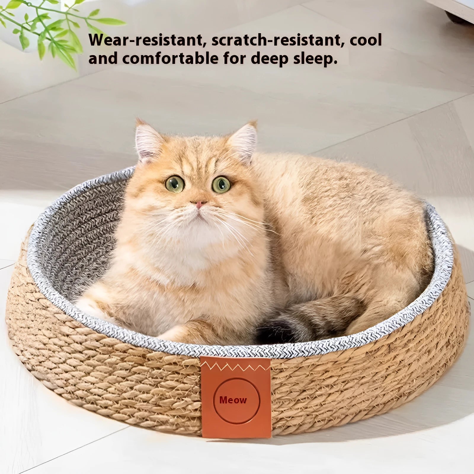 Brown woven rattan cat nest pet bed shown in size L on a floor.