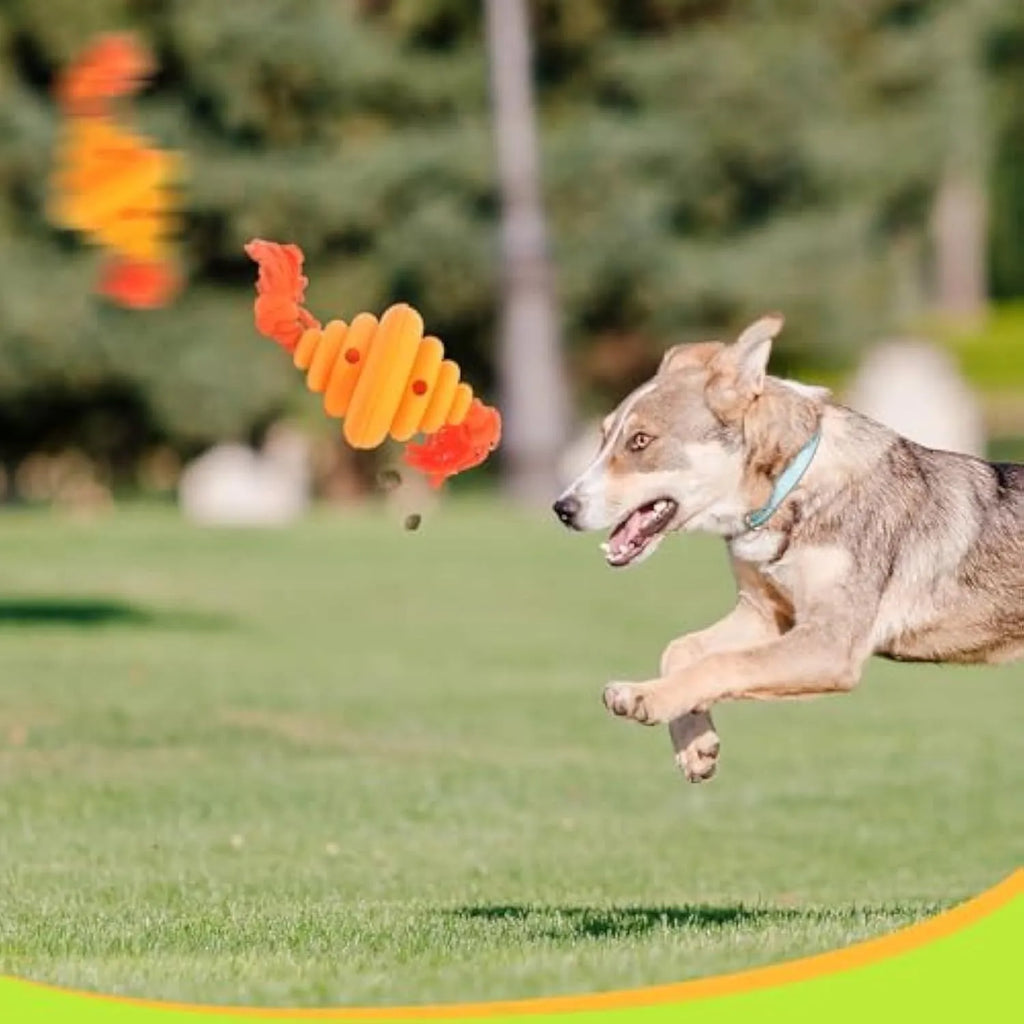 Green and yellow spiral dog ball with attached rope for tug-of-war and treat dispensing