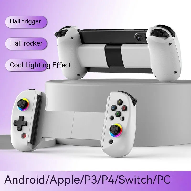 D8 Bluetooth gamepad extended to hold a tablet, showing black plastic body with coloured option highlights.