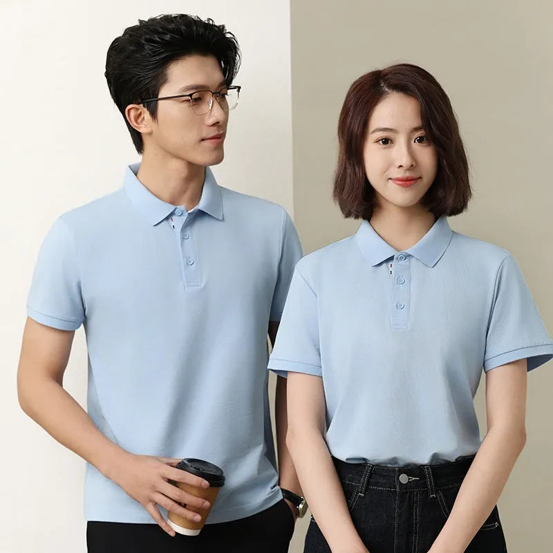Solid colour ice silk catering work polo shirt on a hanger, shown in a light blue shade with short sleeves.
