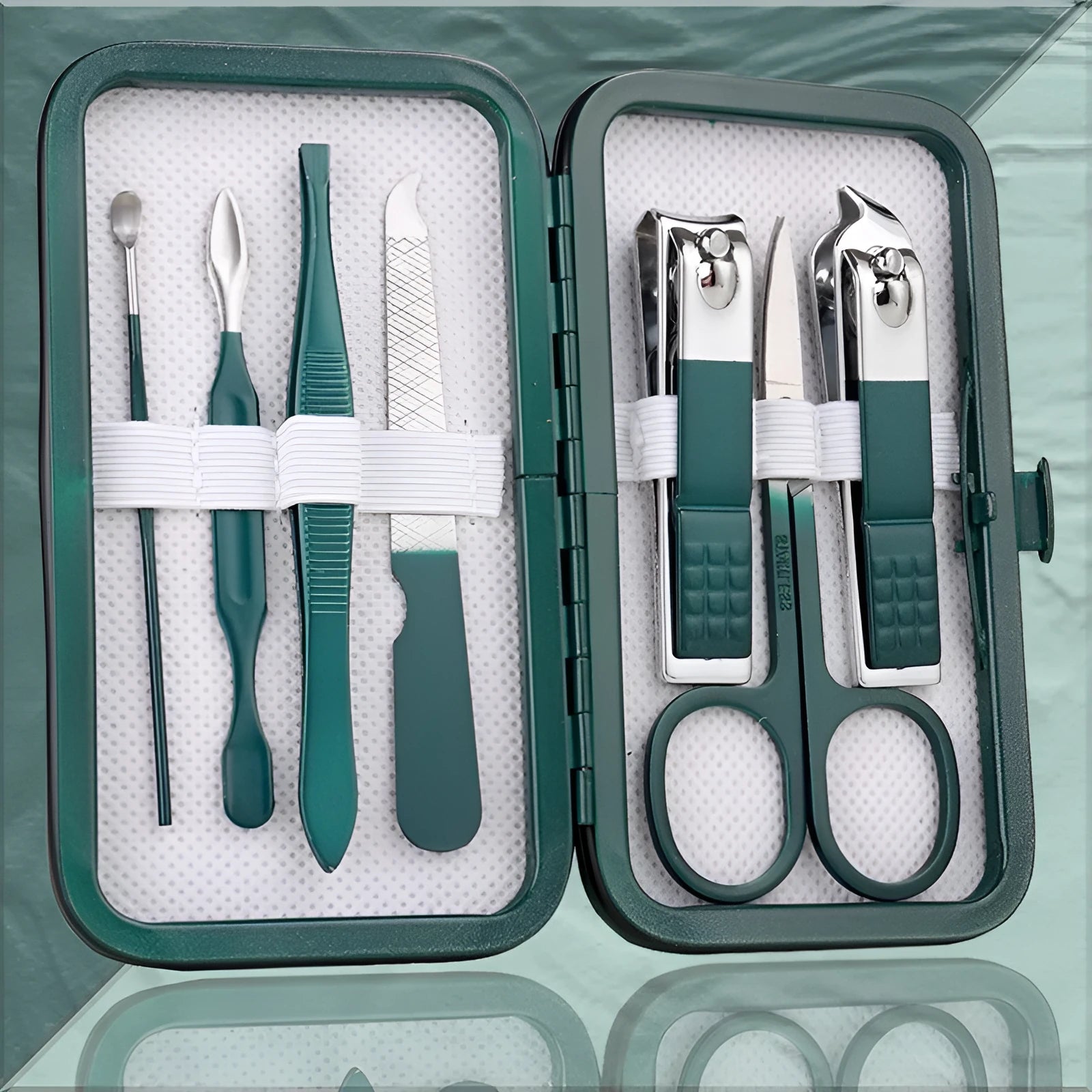 Emerald green pedicure knife nail clippers set box with stainless steel and carbon steel manicure implements in 7 to 18 piece options