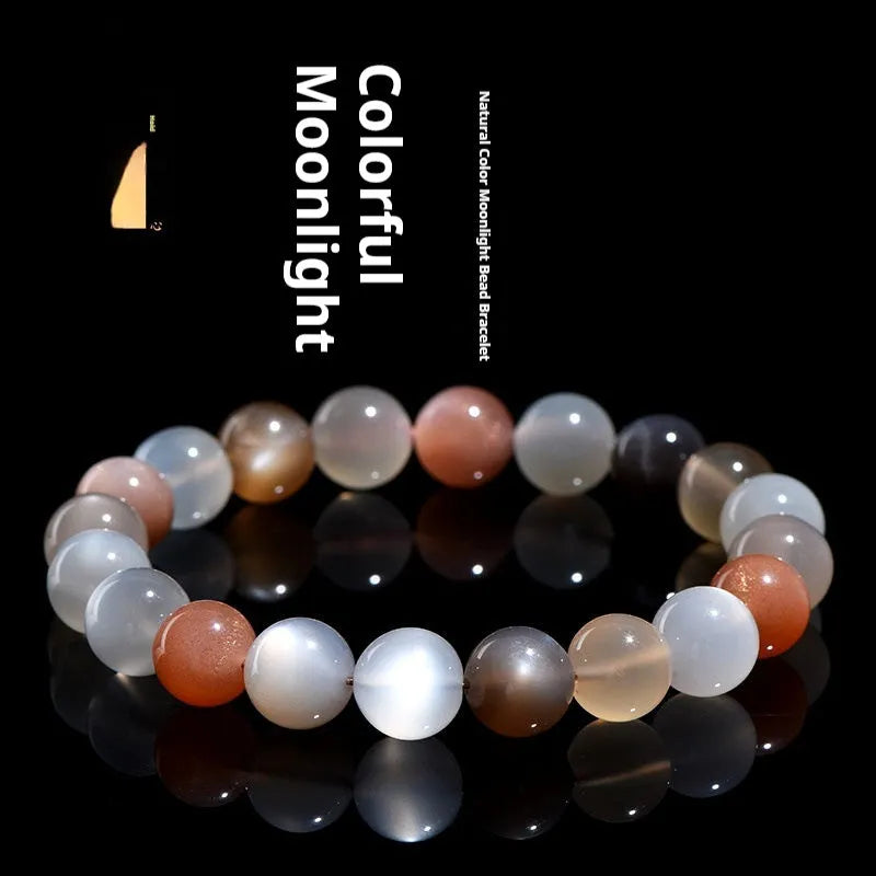 Natural moonstone bracelet with 8mm colourful beads on a single strand.
