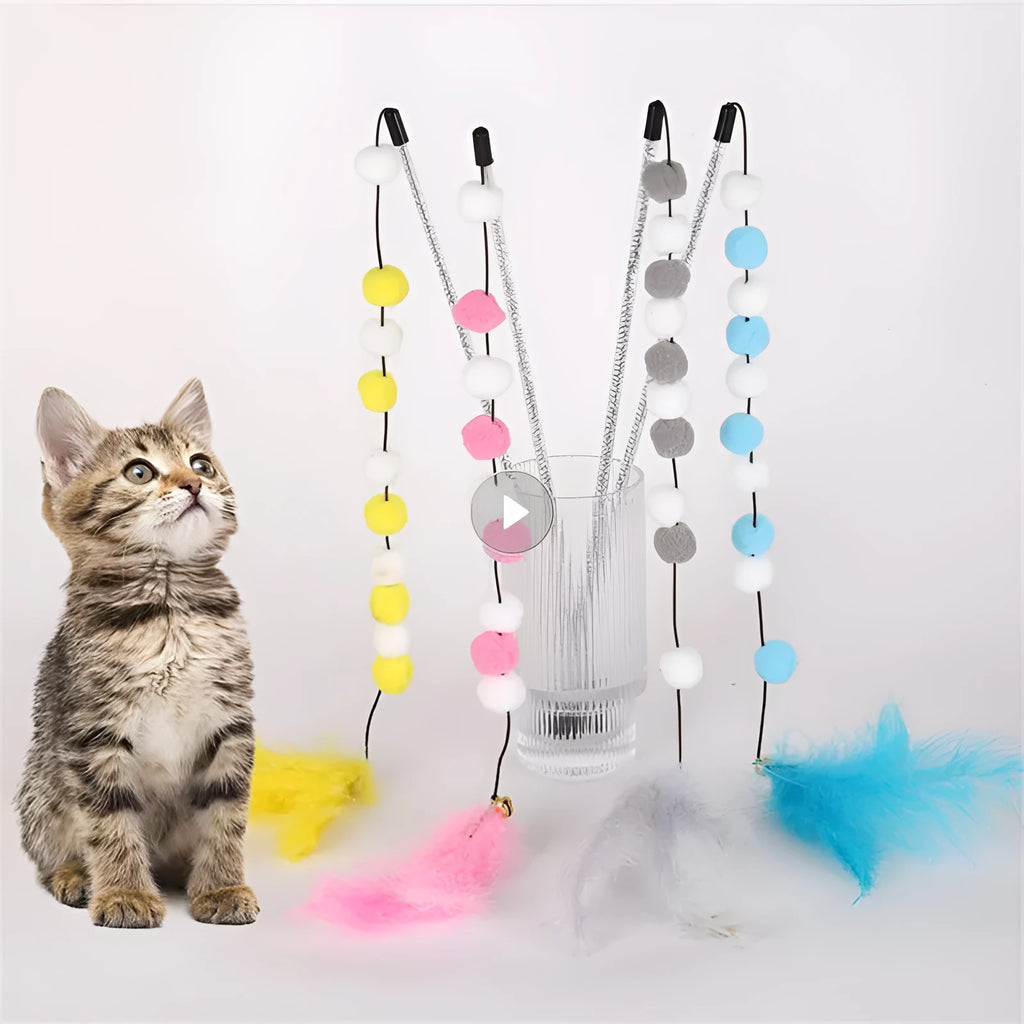 31cm cat teaser interactive toy rod with bell and pompon feather attachments in four colour options