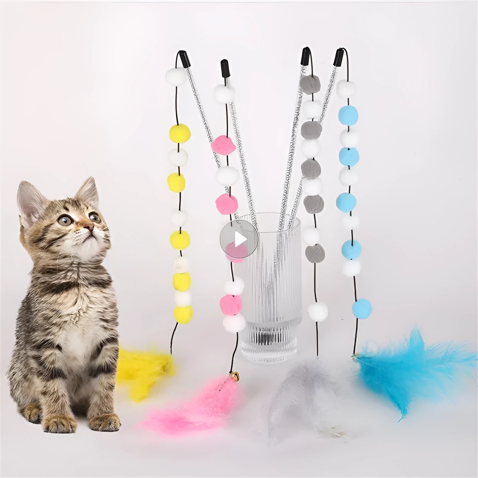 31cm cat teaser interactive toy rod with bell and pompon feather attachments in four colour options