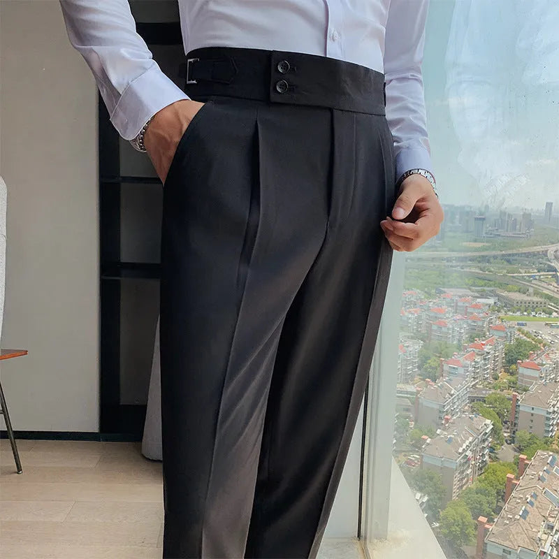 Straight-leg casual trousers in polyester fabric shown in a solid colour on a model.