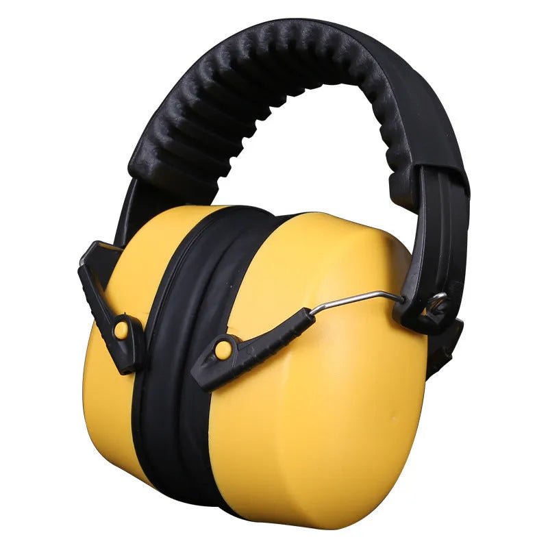 Orange head-mounted noise-cancelling earmuffs with adjustable elastic headband and large black ear cups on a grey background.