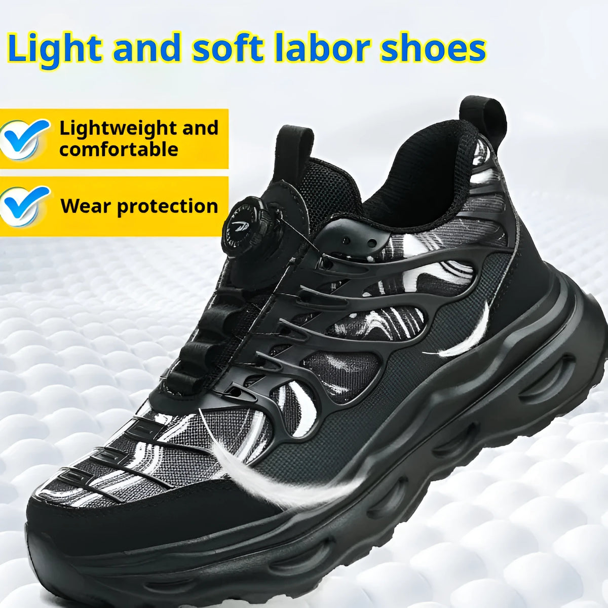 Men's black microfiber labour protection shoes with rotating button closure, sizes 37 to 48