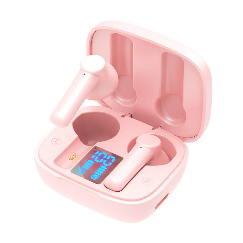 Wireless Bluetooth in-ear headphones with LED display, 13mm copper ring speaker, charging case, in black, white, and pink