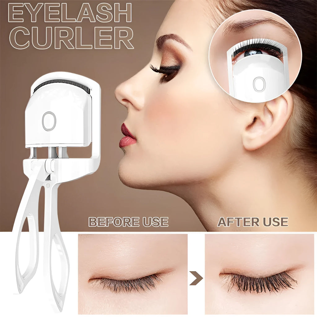 White USB rechargeable heated eyelash curler with dual temperature lights, shown next to its charging cable.