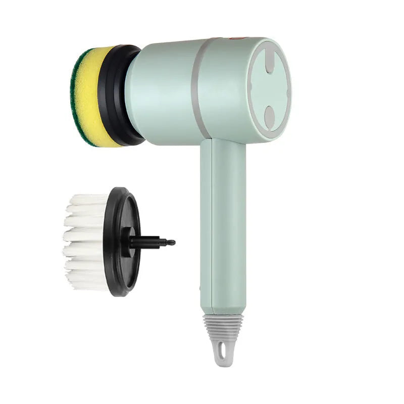 White electric cleaning brush with rotating scrub head and separate scouring pad attachment