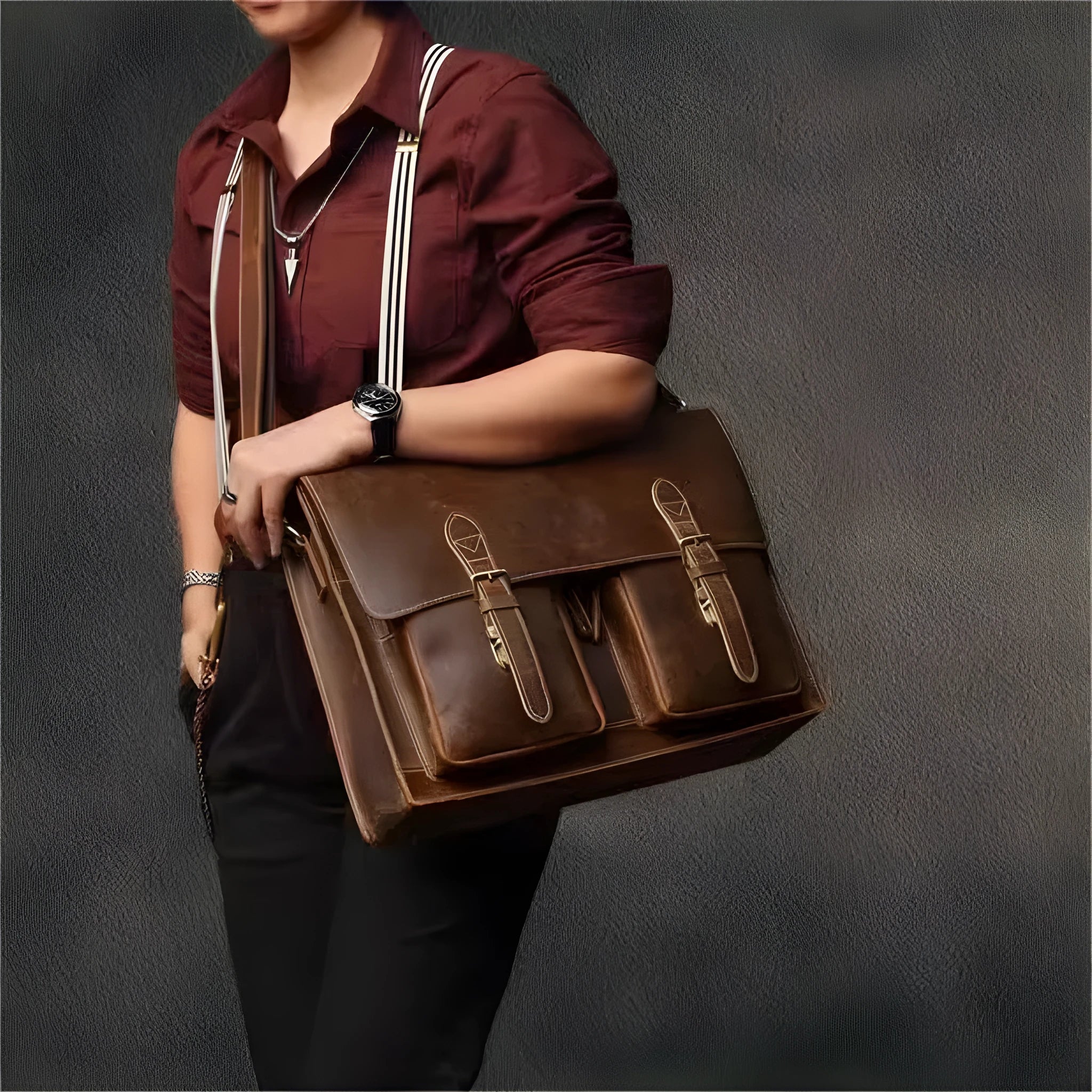 Genuine cowhide leather computer bag with crossbody strap in dark brown colour for business use