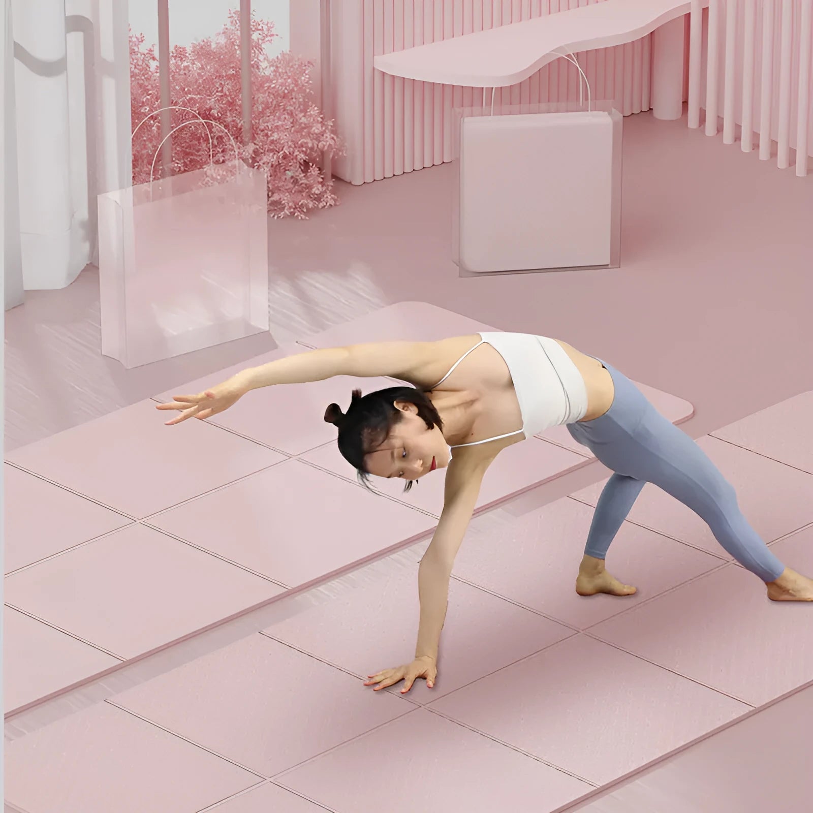 Blue foldable TPE gymnastic mat, unfolded flat on a floor, showing its six-panel design.