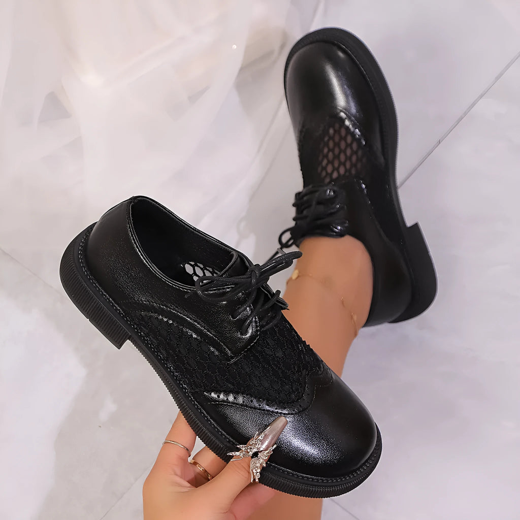 Women's mid heel lace-up mesh and PU leather pumps in black with square heel and round toe