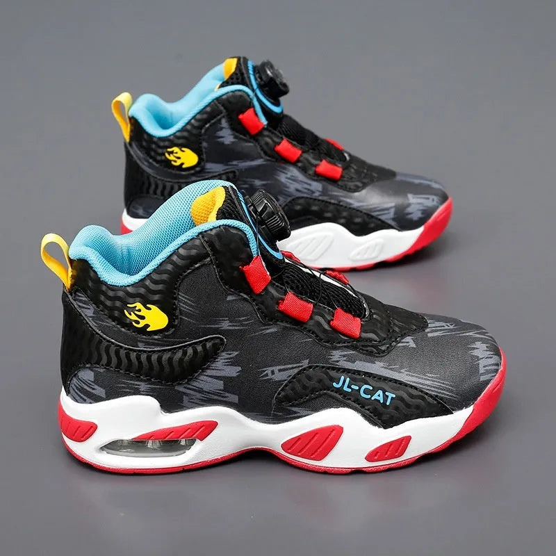 Children's rotating button fastening basketball shoes in black, pink, white & purple, and white blue.