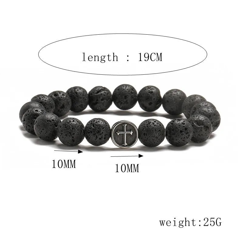 Close-up of a men's bracelet with black volcanic agate beads in a geometric shape on a stainless steel chain.