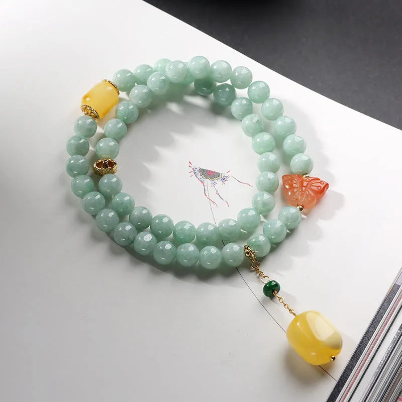 Emerald green double-layer jade bracelet with geometric beeswax barrel beads
