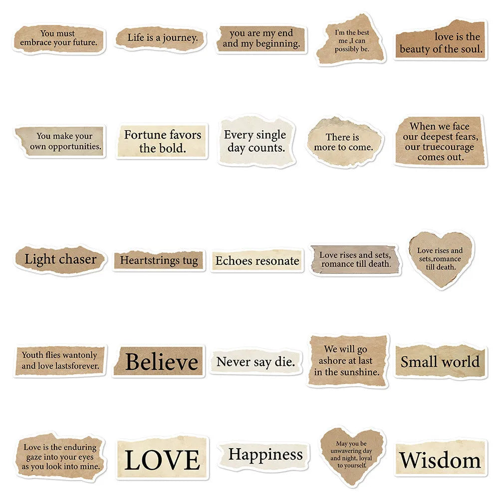Set of 25 reusable PVC decorative stickers with torn English text design, each between 4 and 7 cm.