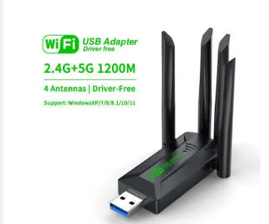 Black USB network transmitter with four external antennae for computer Wi-Fi signal boosting.