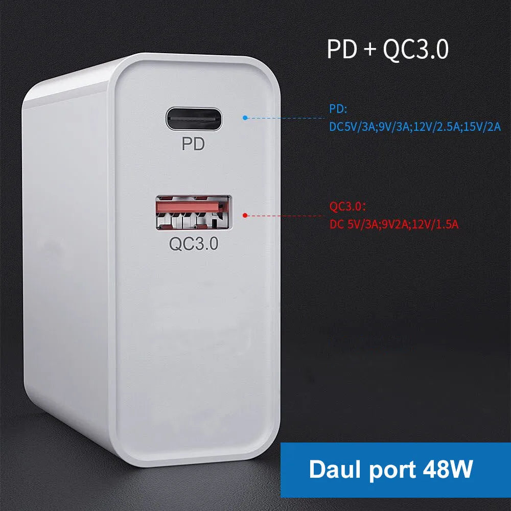 White multi-port USB fast charger with PD and QC support plugged into a wall socket.
