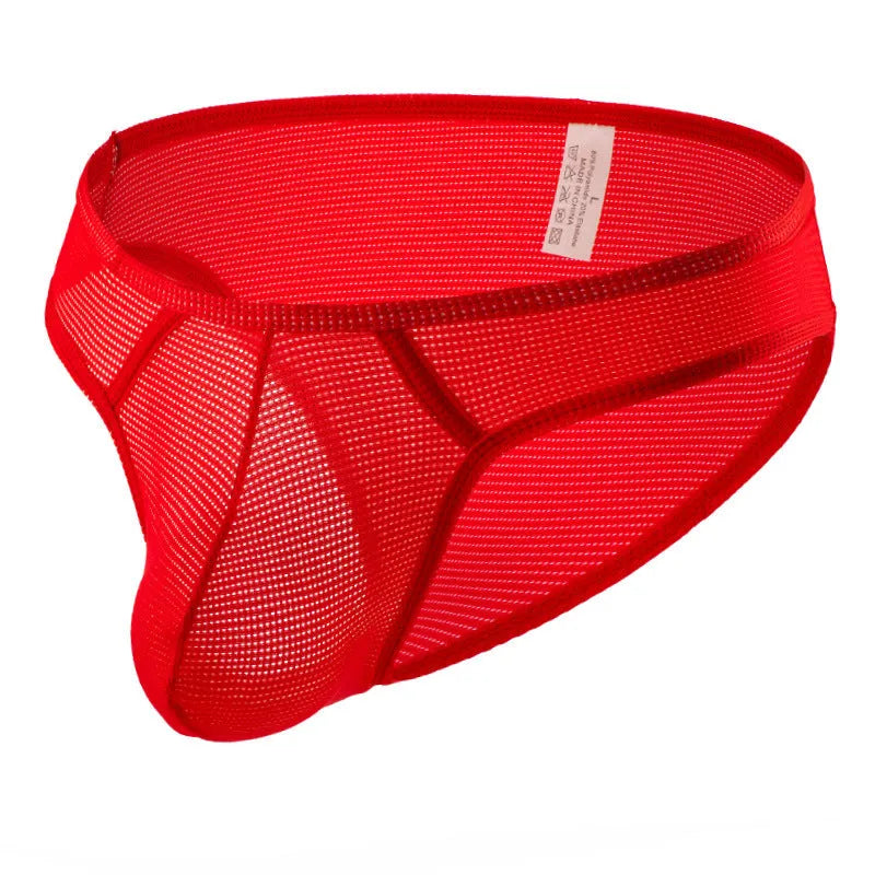 Men's breathable mesh nylon low-waist briefs in eight colours including black, light green, royal blue, and red